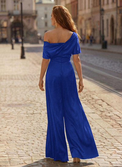 Elegant Asymmetrical Neck Floor-Length Silk Like Satin Mother Of The Bride Jumpsuit