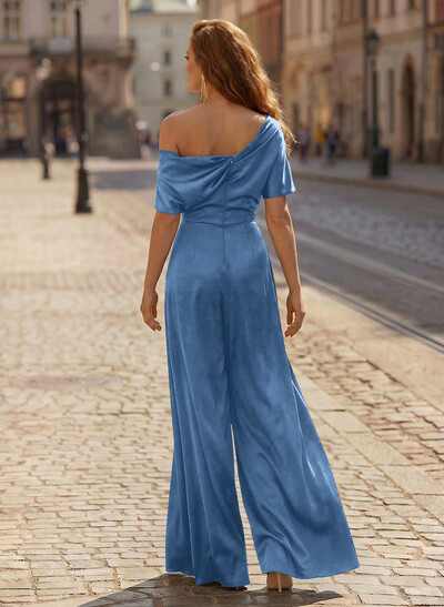 Elegant Asymmetrical Neck Floor-Length Silk Like Satin Mother Of The Bride Jumpsuit