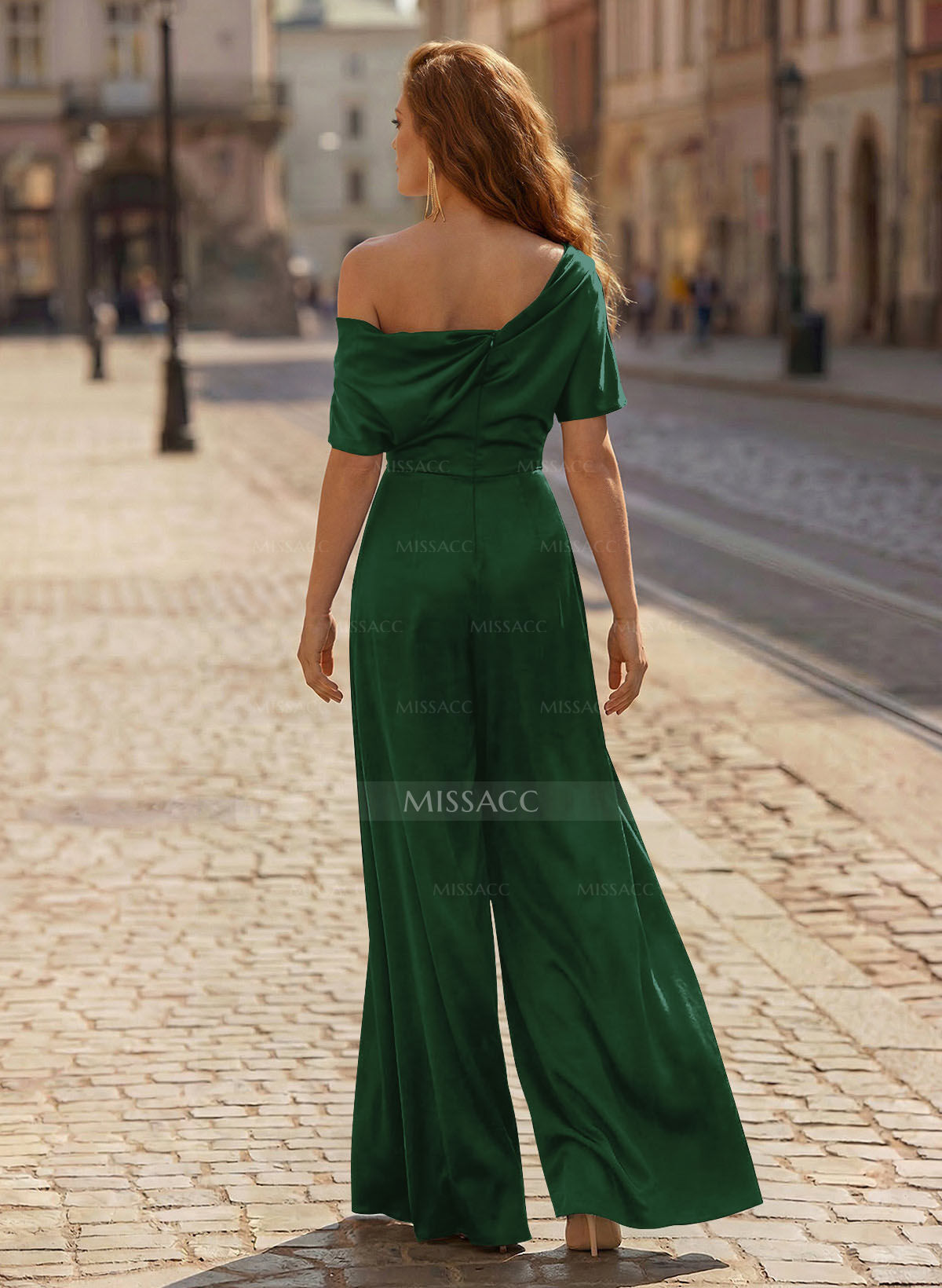 Elegant Asymmetrical Neck Floor-Length Silk Like Satin Mother Of The Bride Jumpsuit