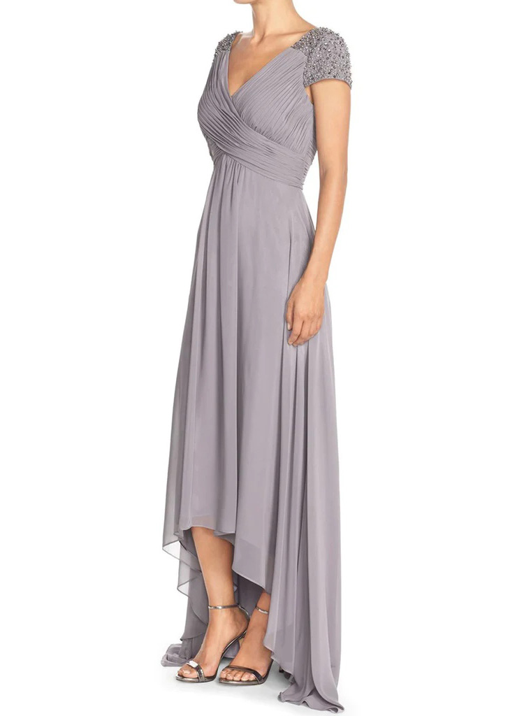 Asymmetrical A-Line V-Neck Beading Mother Of The Bride Dresses With Short Sleeves