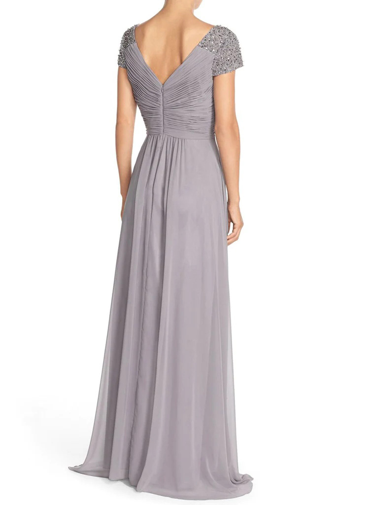 Asymmetrical A-Line V-Neck Beading Mother Of The Bride Dresses With Short Sleeves