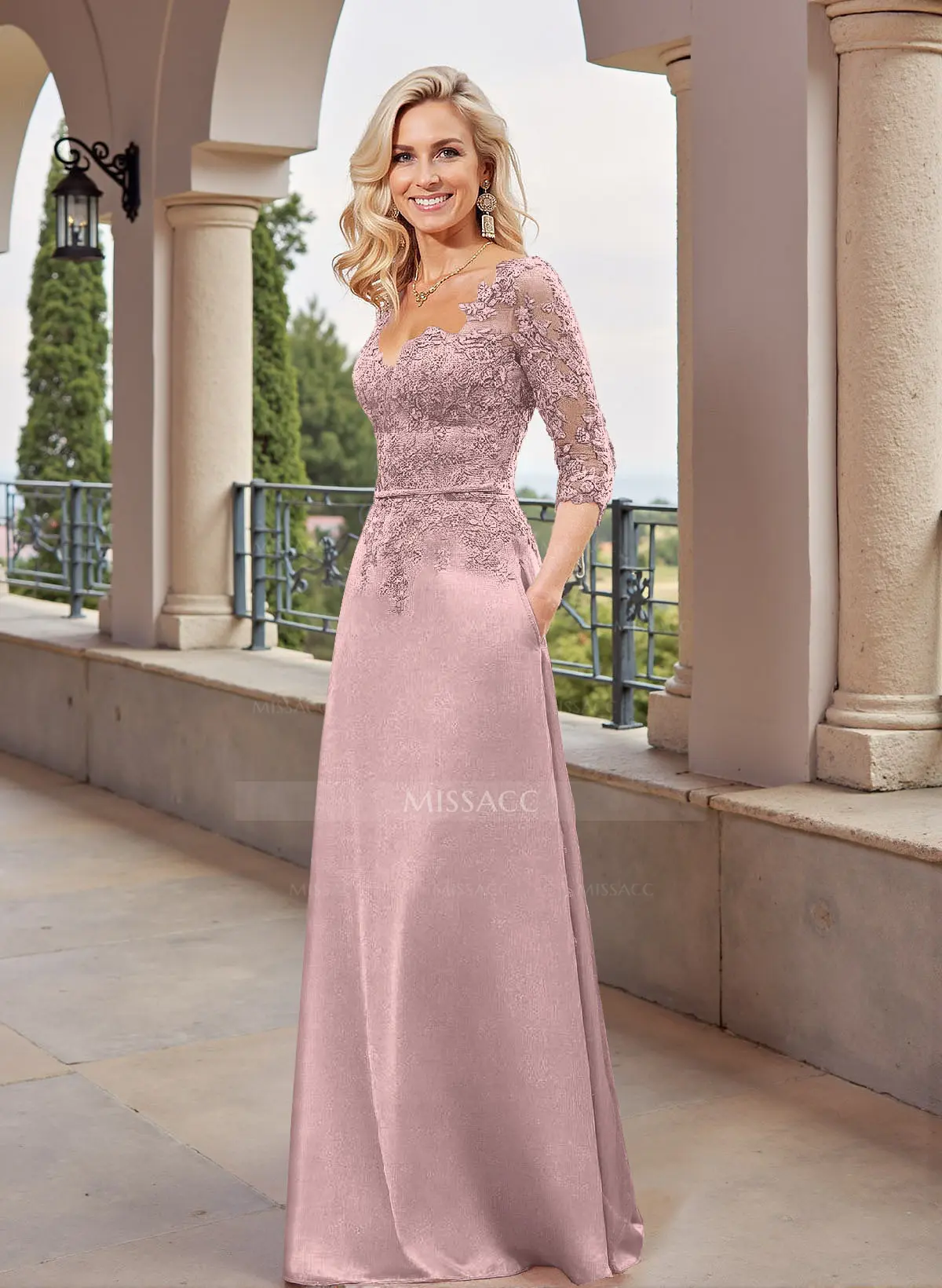 Missacc Blush Mother of The Bride Dresses Elegant Lace A-Line Satin Mother of The Bride Dresses with Pockets