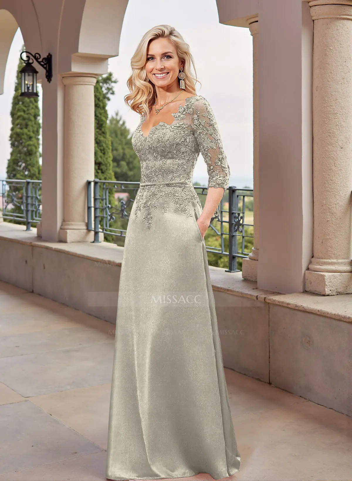 mother of the bride dresses for fall 2025 Dusty Blue Crepe Satin Mother of the Bride Dress 2025 Half Sleeves 12 / Light Grey main image 0