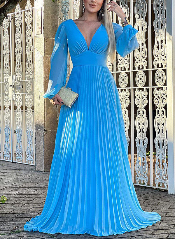 A-Line V-Neck Long Sleeves Sweep Train Chiffon Mother Of The Bride Dresses With Pleated