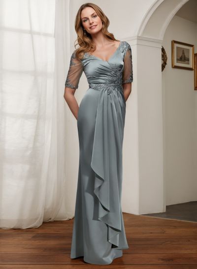 Elegant V-Neck Short Sleeves Floor-Length Mother Of The Bride Dresses With Appliques Lace