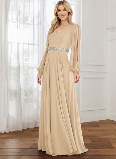 A-Line V-Neck Long Sleeves Chiffon Mother Of The Bride Dresses