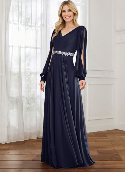 A-Line V-Neck Long Sleeves Chiffon Mother Of The Bride Dresses