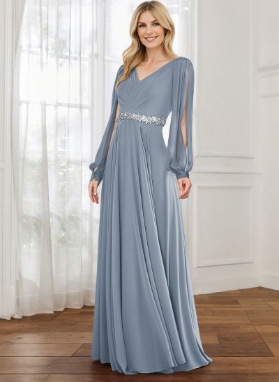 A-Line V-Neck Long Sleeves Chiffon Mother Of The Bride Dresses
