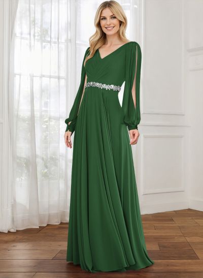A-Line V-Neck Long Sleeves Chiffon Mother Of The Bride Dresses