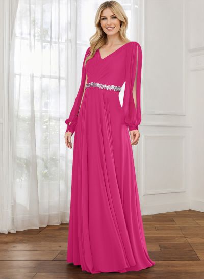 A-Line V-Neck Long Sleeves Chiffon Mother Of The Bride Dresses