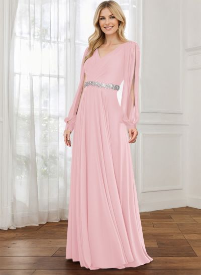 A-Line V-Neck Long Sleeves Chiffon Mother Of The Bride Dresses