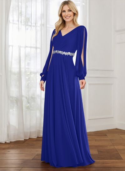 A-Line V-Neck Long Sleeves Chiffon Mother Of The Bride Dresses