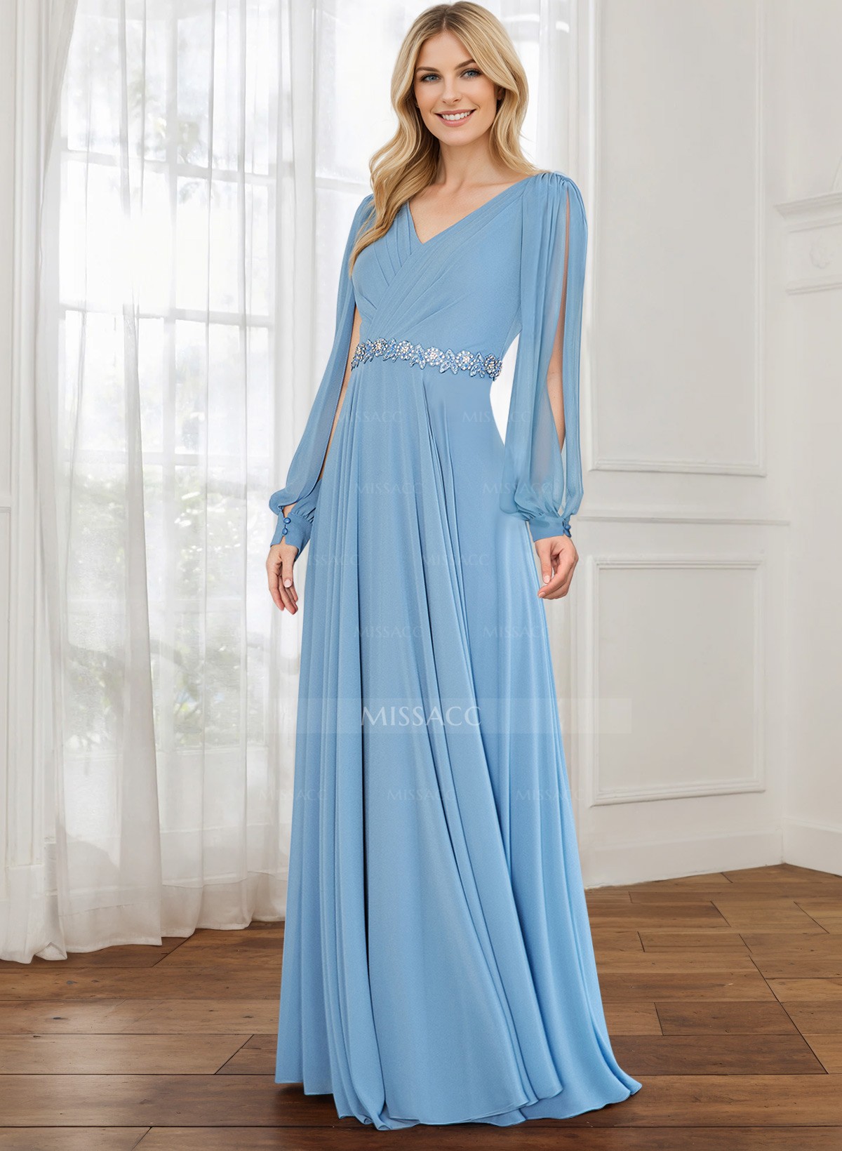 A-Line V-Neck Long Sleeves Chiffon Mother Of The Bride Dresses