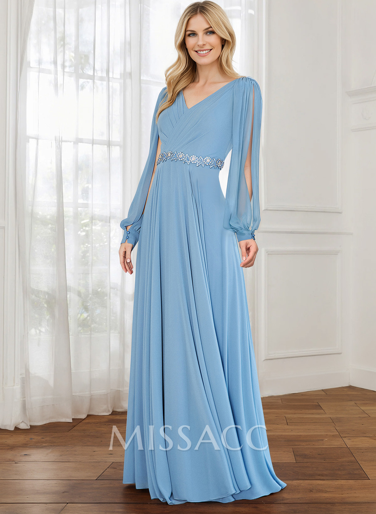 A-Line V-Neck Long Sleeves Chiffon Mother Of The Bride Dresses