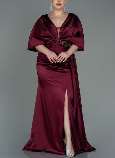 Sheath/Column V-Neck 1/2 Sleeves Charmeuse Mother Of The Bride Dresses With Split Front