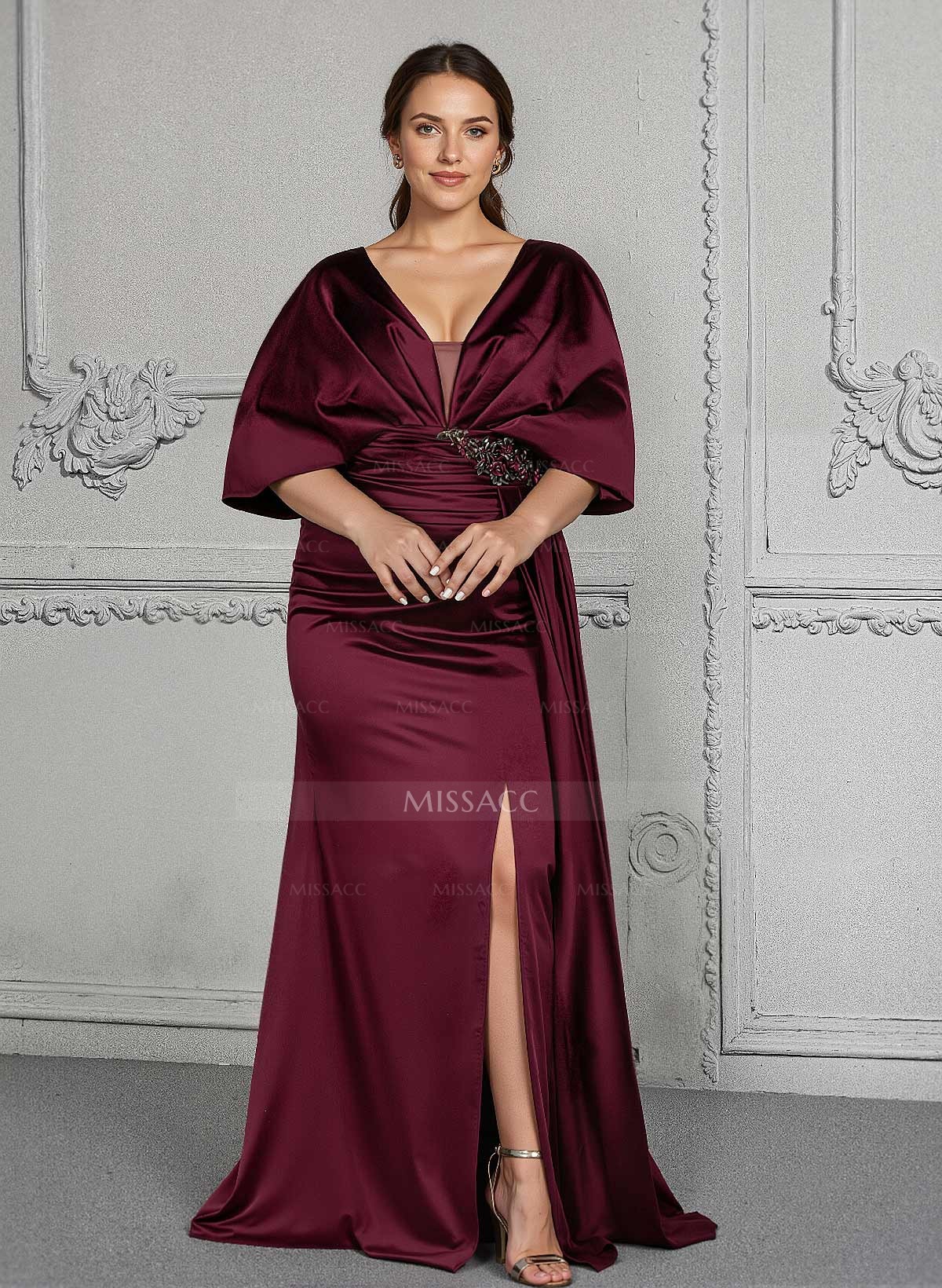 Sheath/Column V-Neck 1/2 Sleeves Charmeuse Mother Of The Bride Dresses With Split Front