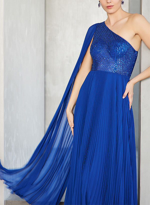 A-Line One-Shoulder Sleeveless Chiffon/Sequined Evening Dresses