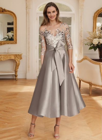 Elegant 3/4 Sleeves Tea-Length Lace/Satin Mother Of The Bride Dresses
