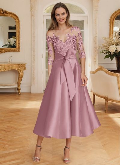 Elegant 3/4 Sleeves Tea-Length Lace/Satin Mother Of The Bride Dresses