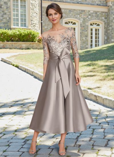 Classic Illusion Neck A-Line Lace Mother Of The Bride Dresses With Detachable Bow Belt