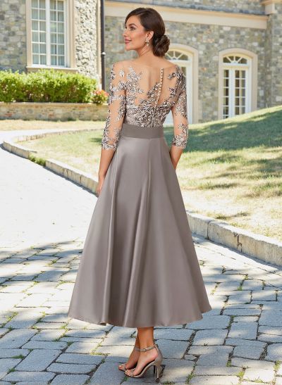 Elegant 3/4 Sleeves Tea-Length Lace/Satin Mother Of The Bride Dresses