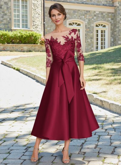 Elegant 3/4 Sleeves Tea-Length Lace/Satin Mother Of The Bride Dresses