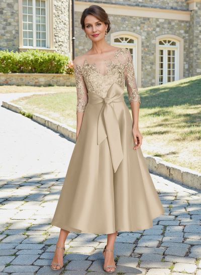 Elegant 3/4 Sleeves Tea-Length Lace/Satin Mother Of The Bride Dresses