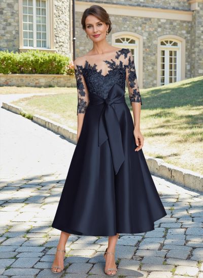 Elegant 3/4 Sleeves Tea-Length Lace/Satin Mother Of The Bride Dresses