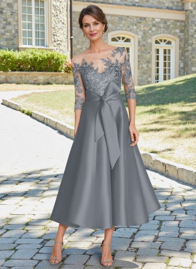 Classic Illusion Neck A-Line Lace Mother Of The Bride Dresses With Detachable Bow Belt