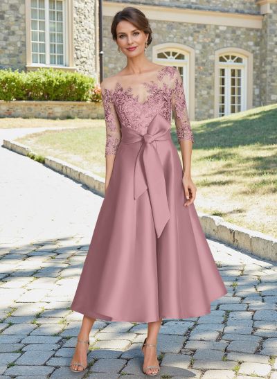 Elegant 3/4 Sleeves Tea-Length Lace/Satin Mother Of The Bride Dresses