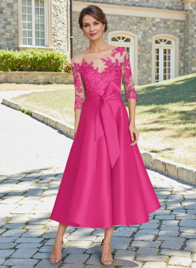 Elegant 3/4 Sleeves Tea-Length Lace/Satin Mother Of The Bride Dresses