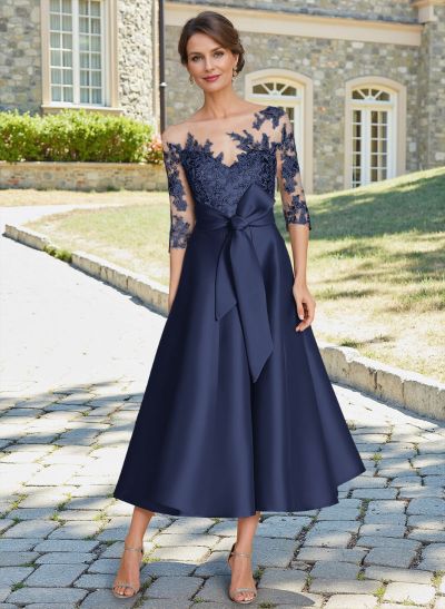 Classic Illusion Neck A-Line Lace Mother Of The Bride Dresses With Detachable Bow Belt