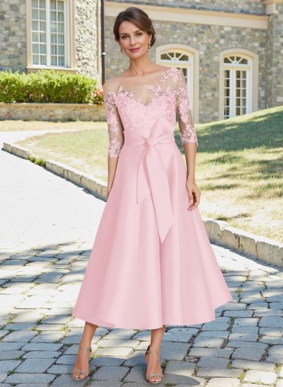 Classic Illusion Neck A-Line Lace Mother Of The Bride Dresses With Detachable Bow Belt