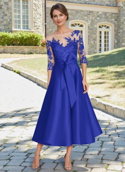 Elegant 3/4 Sleeves Tea-Length Lace/Satin Mother Of The Bride Dresses