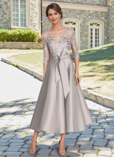 Elegant 3/4 Sleeves Tea-Length Lace/Satin Mother Of The Bride Dresses