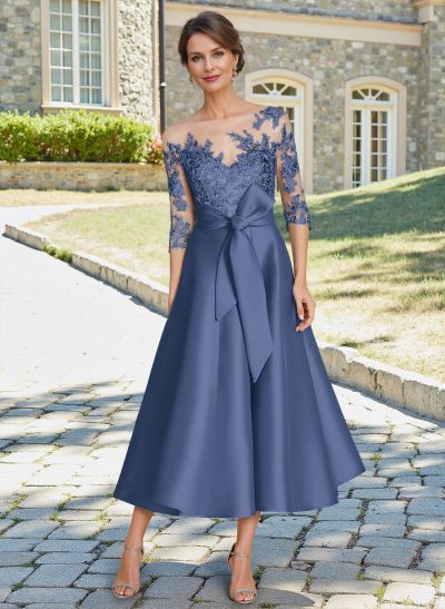 Elegant 3/4 Sleeves Tea-Length Lace/Satin Mother Of The Bride Dresses