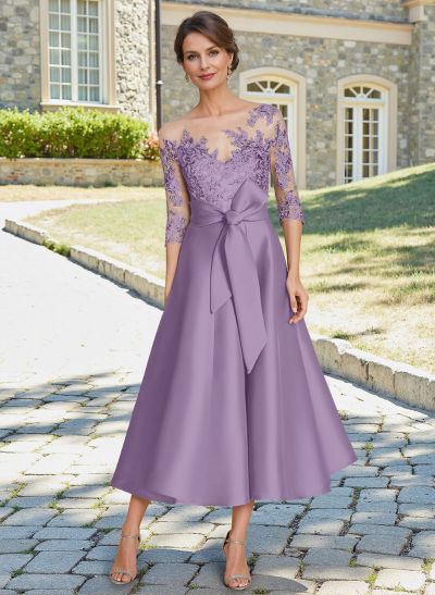 Elegant 3/4 Sleeves Tea-Length Lace/Satin Mother Of The Bride Dresses