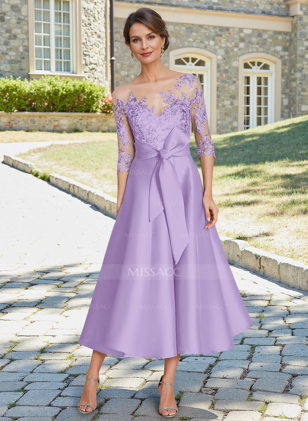 Vestidos De Madre De La Novia De Encaje De Corte A Con Cuello De Ilusión Clásico Y Cinturón Con Lazo Desmontable, image size:1000x1367