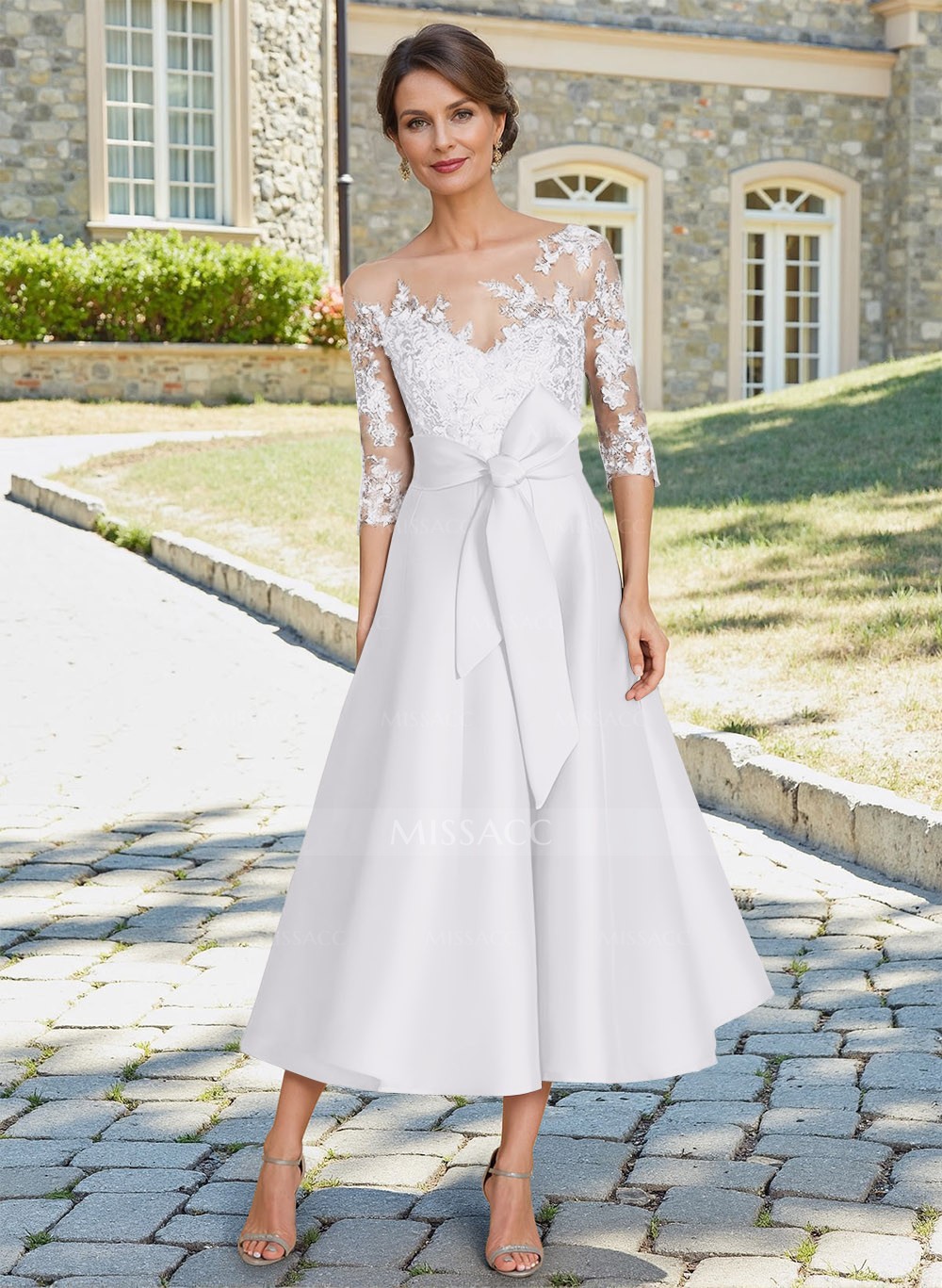 Vestidos De Madre De La Novia De Encaje De Corte A Con Cuello De Ilusión  Clásico Y Cinturón Con Lazo Desmontable - Missacc, image size:1000x1367