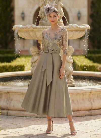 Classic Illusion Neck A-Line Lace Mother Of The Bride Dresses With Detachable Bow Belt