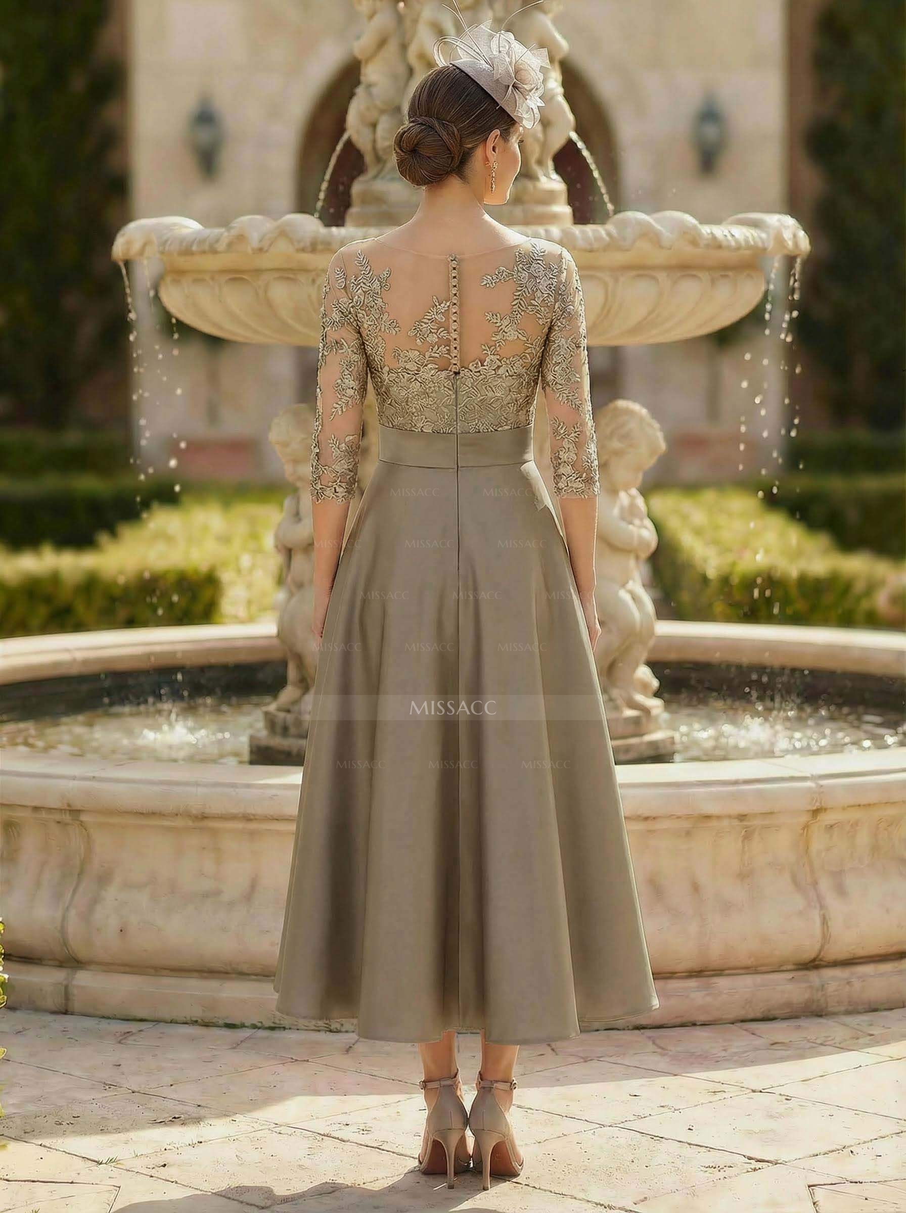 Classic Illusion Neck A-Line Lace Mother Of The Bride Dresses With Detachable Bow Belt