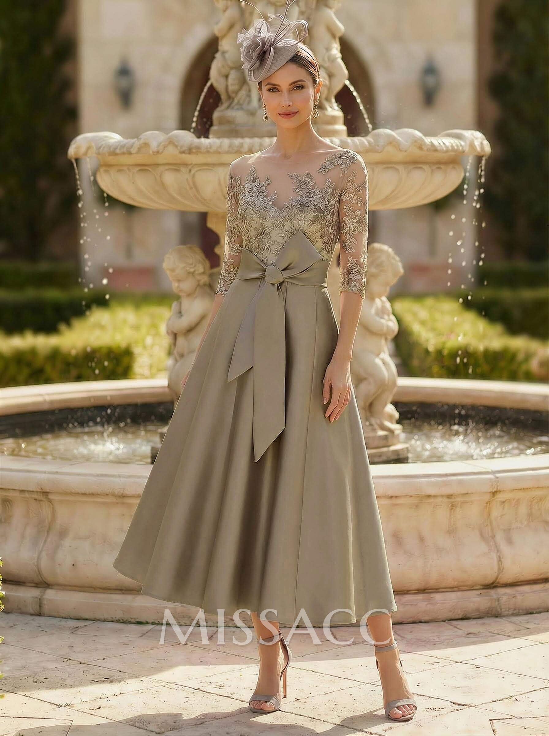 Classic Illusion Neck A-Line Lace Mother Of The Bride Dresses With Detachable Bow Belt Classic Illusion Neck A-Line Lace Mother Of The Bride Dresses With Detachable Bow Belt