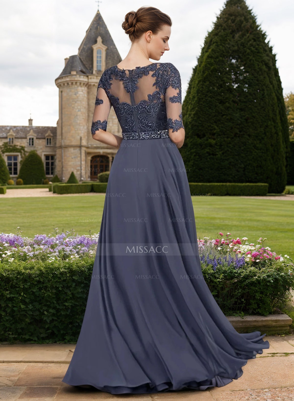 A-Line Illusion Neck 3/4 Sleeves Floor-Length Chiffon/Lace Mother Of The Bride Dresses With Lace
