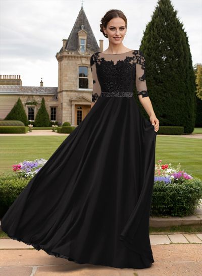 A-Line Illusion Neck 3/4 Sleeves Floor-Length Chiffon/Lace Mother Of The Bride Dresses With Lace