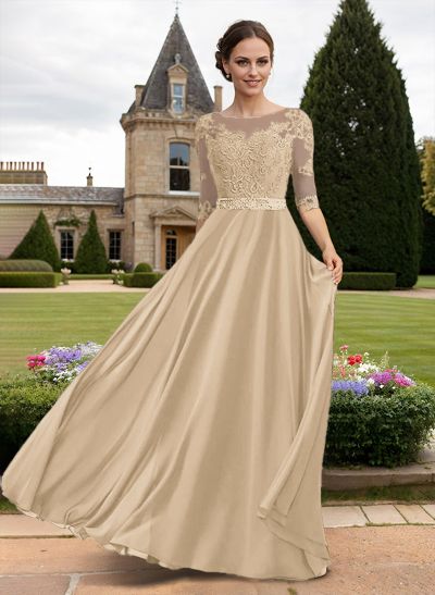 A-Line Illusion Neck 3/4 Sleeves Floor-Length Chiffon/Lace Mother Of The Bride Dresses With Lace