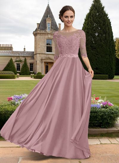 A-Line Illusion Neck 3/4 Sleeves Floor-Length Chiffon/Lace Mother Of The Bride Dresses With Lace