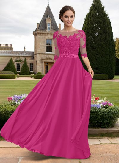 A-Line Illusion Neck 3/4 Sleeves Floor-Length Chiffon/Lace Mother Of The Bride Dresses With Lace