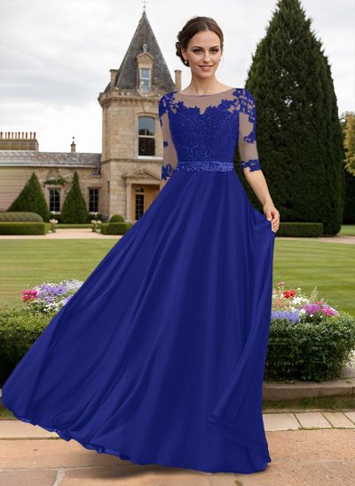 A-Line Illusion Neck 3/4 Sleeves Floor-Length Chiffon/Lace Mother Of The Bride Dresses With Lace