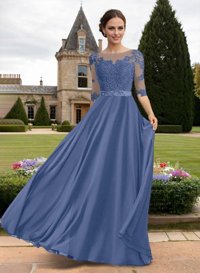 A-Line Illusion Neck 3/4 Sleeves Floor-Length Chiffon/Lace Mother Of The Bride Dresses With Lace