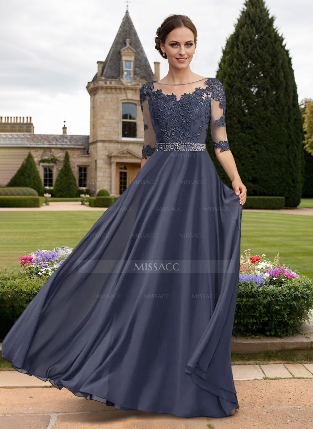 A-Line Illusion Neck 3/4 Sleeves Floor-Length Chiffon/Lace Mother Of The Bride Dresses With Lace